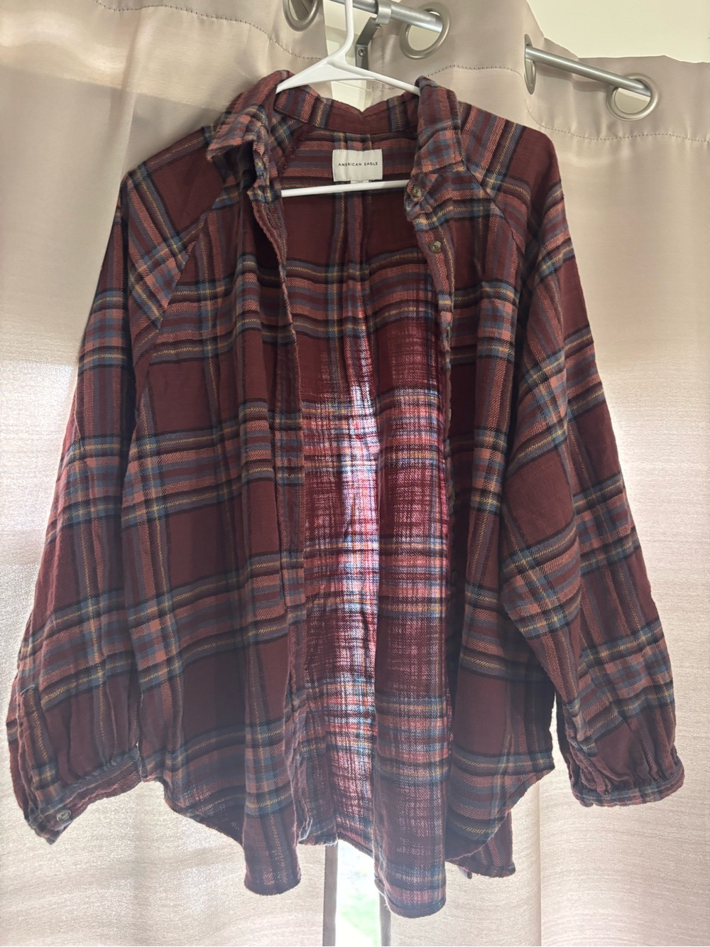 American Eagle Maroon Plaid Button-Up Shirt